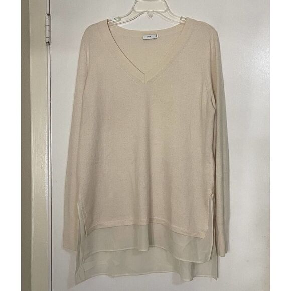 VINCE. V neck beige wool double layer jumper knit sweater size Large - Picture 1 of 5